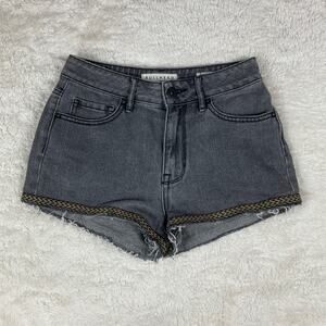 Bullhead Denim grey cotton high rise shorts  patterned fringed, 3
